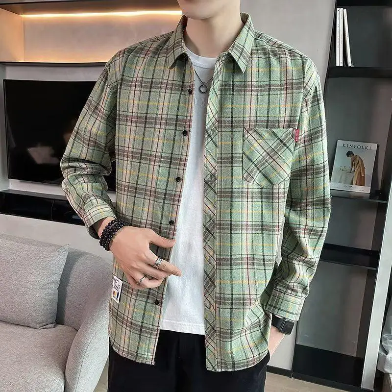 Men's Long Sleeve Plaid Shirt Grey White Loose Hong Kong Style - Image 10