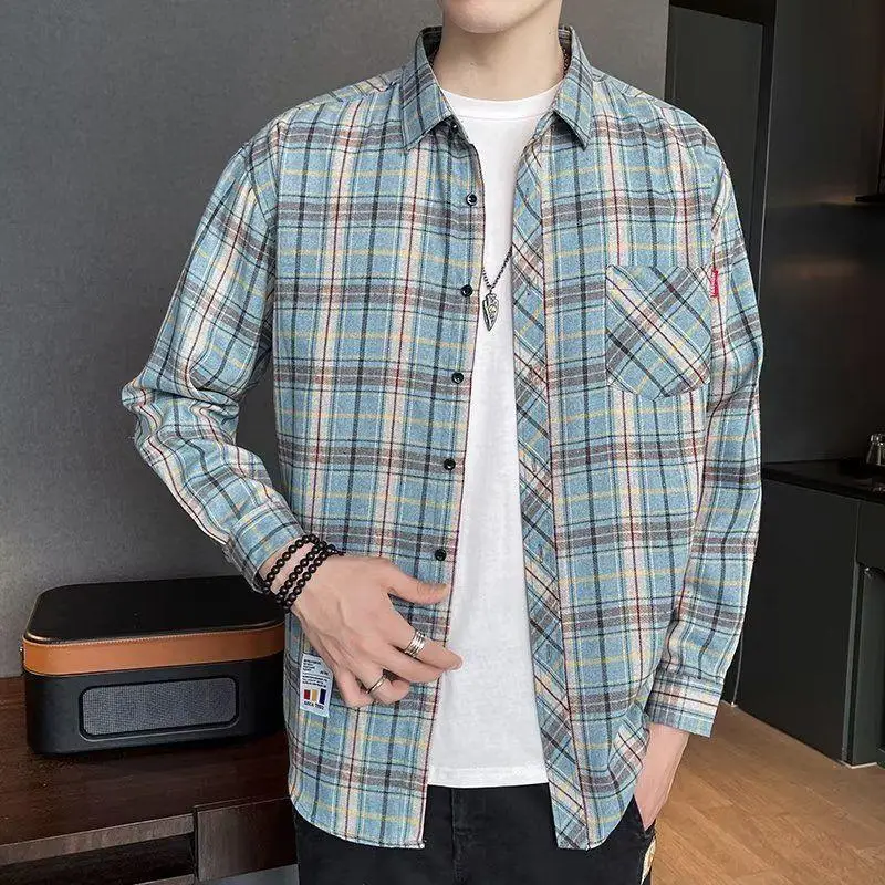 Men's Long Sleeve Plaid Shirt Grey White Loose Hong Kong Style - Image 11