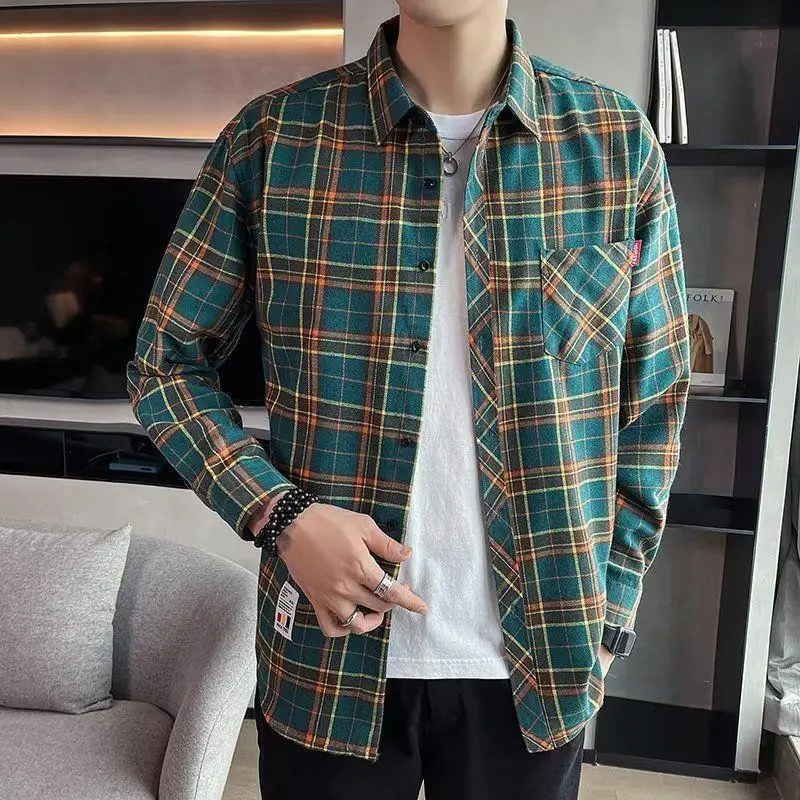 Men's Long Sleeve Plaid Shirt Grey White Loose Hong Kong Style - Image 12