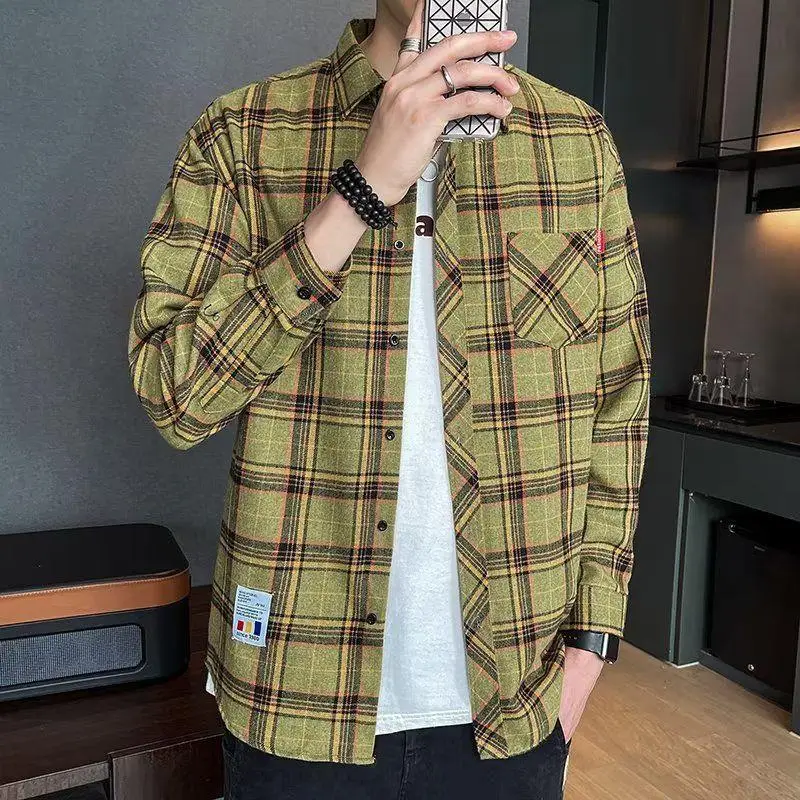 Men's Long Sleeve Plaid Shirt Grey White Loose Hong Kong Style - Image 13