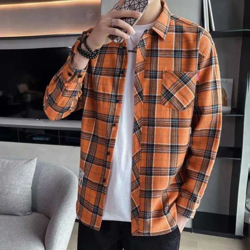 Men's Long Sleeve Plaid Shirt Grey White Loose Hong Kong Style - Image 14