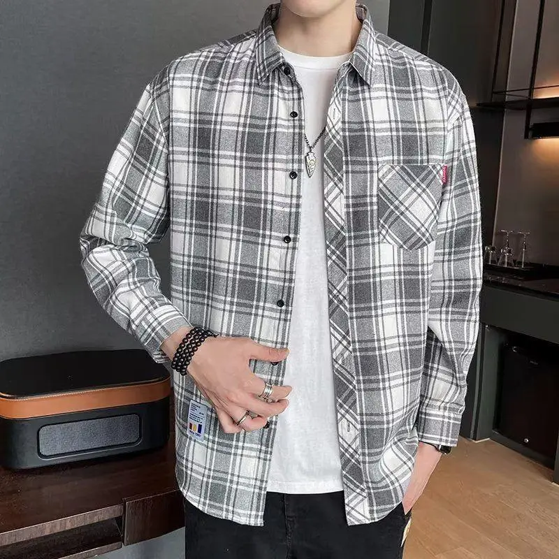 Men's Long Sleeve Plaid Shirt Grey White Loose Hong Kong Style - Image 2