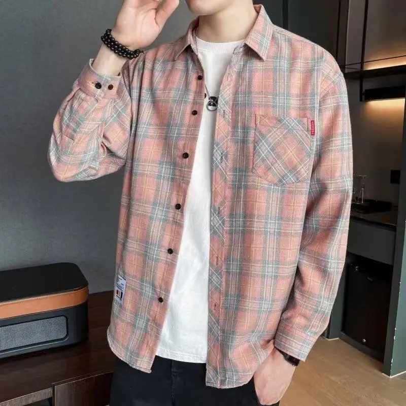 Men's Long Sleeve Plaid Shirt Grey White Loose Hong Kong Style - Image 4