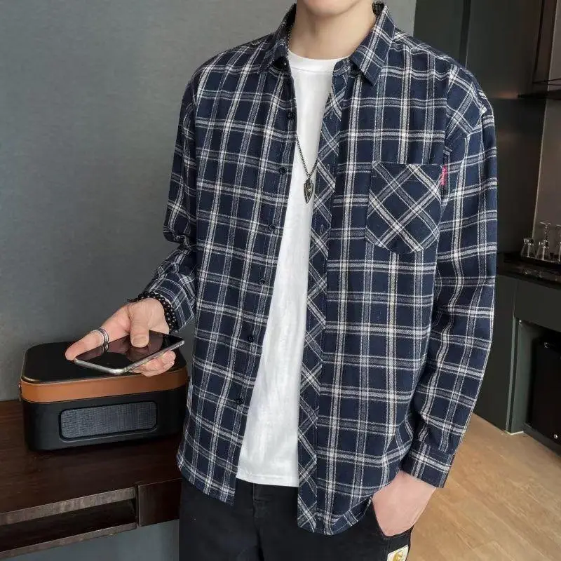 Men's Long Sleeve Plaid Shirt Grey White Loose Hong Kong Style - Image 5