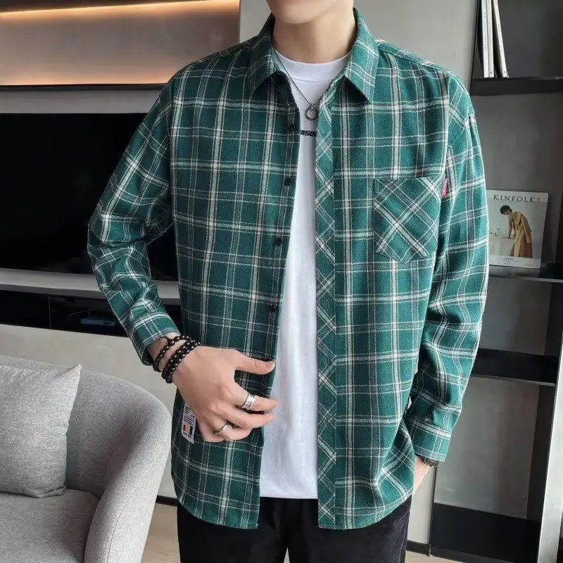 Men's Long Sleeve Plaid Shirt Grey White Loose Hong Kong Style - Image 6