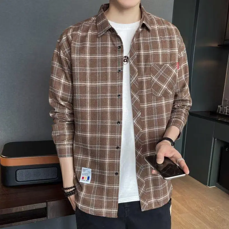 Men's Long Sleeve Plaid Shirt Grey White Loose Hong Kong Style - Image 7