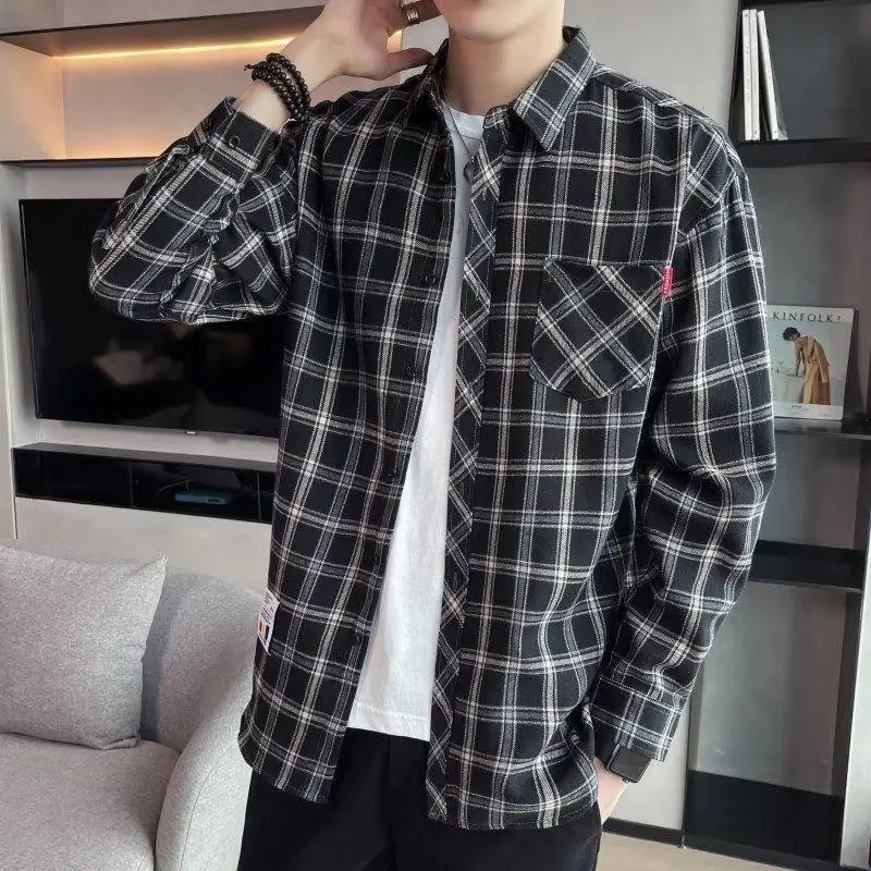 Men's Long Sleeve Plaid Shirt Grey White Loose Hong Kong Style - Image 8