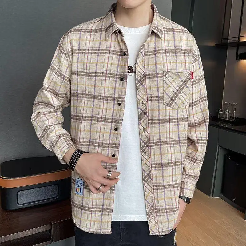 Men's Long Sleeve Plaid Shirt Grey White Loose Hong Kong Style - Image 9