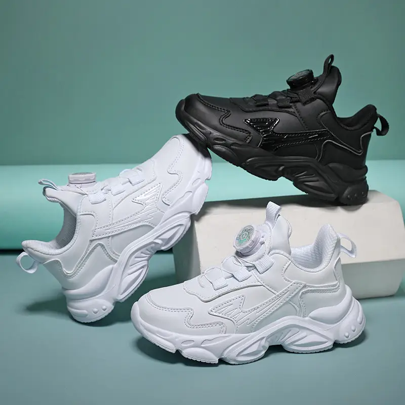 Kids White Running Sneakers with Rotating Buttons
