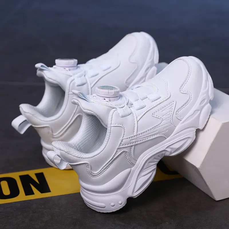 Kids White Running Sneakers with Rotating Buttons - Image 3