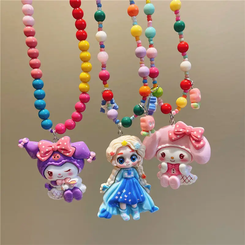 Girls Cartoon Princess Beaded Necklace with Elsa Pendant