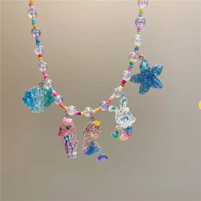 Girls Cartoon Princess Beaded Necklace with Elsa Pendant