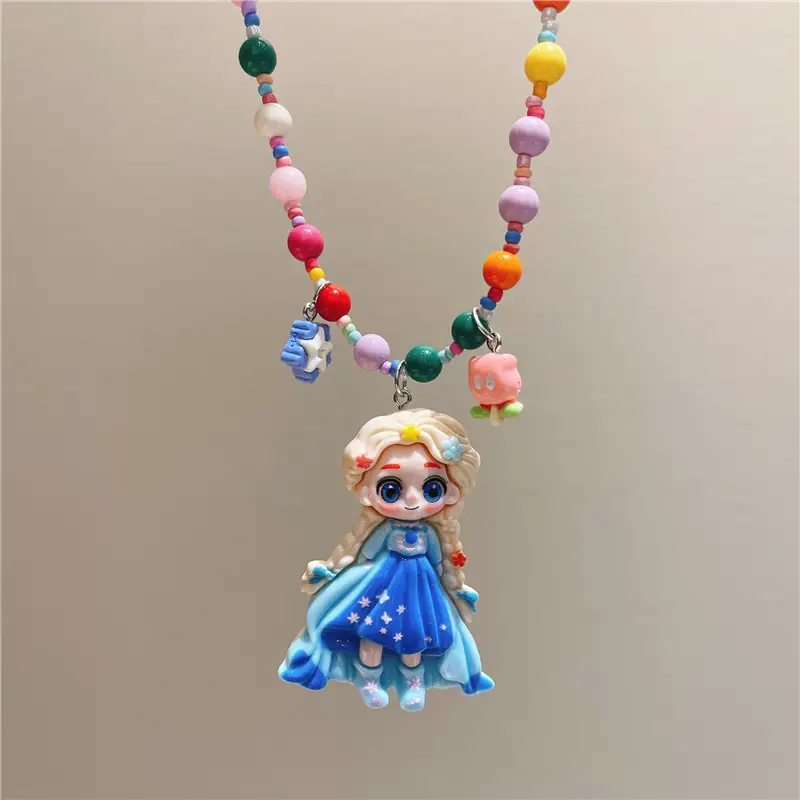 Girls Cartoon Princess Beaded Necklace with Elsa Pendant