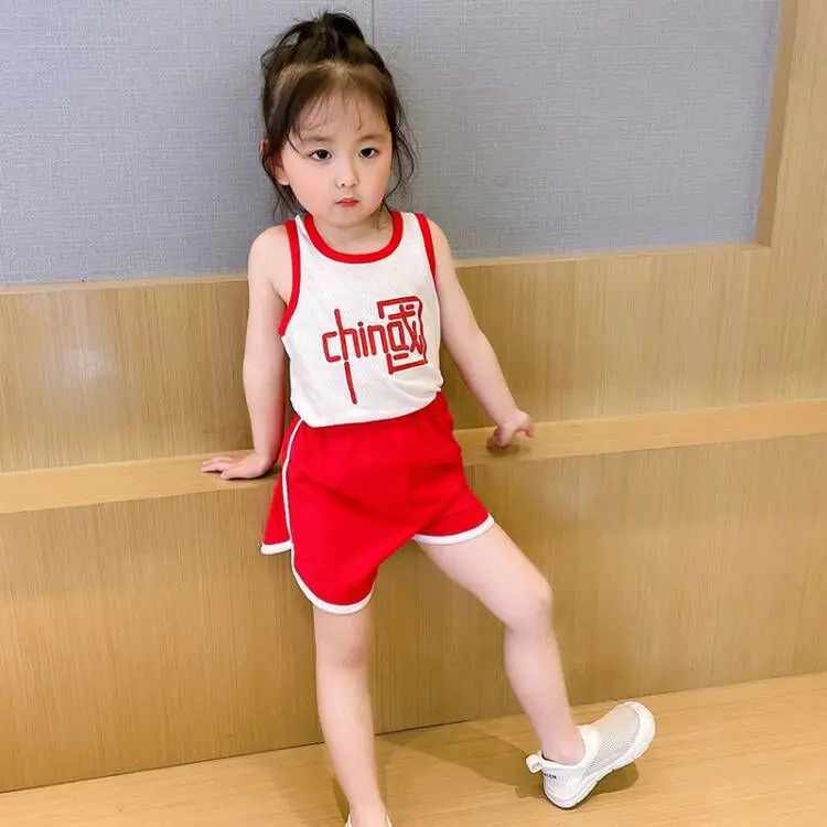 2280 Summer Kids Vest Shorts Red White 0-2Y