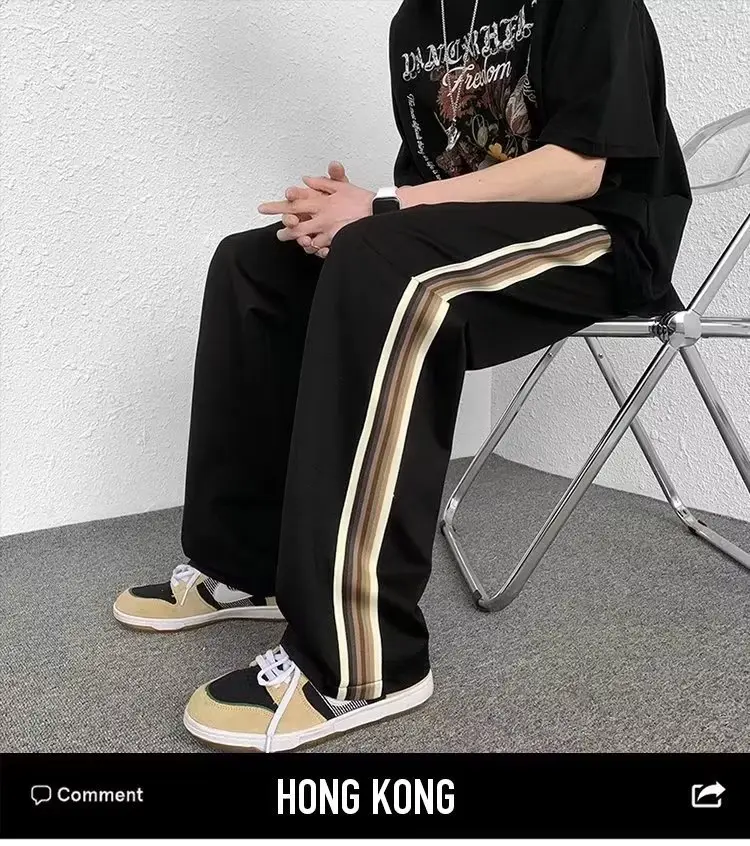 Men Black Side Stripe Casual Pants Loose American Style — feature 12