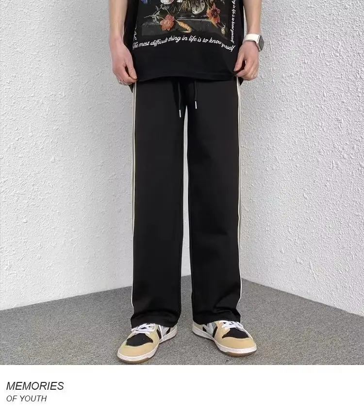 Men Black Side Stripe Casual Pants Loose American Style — feature 14
