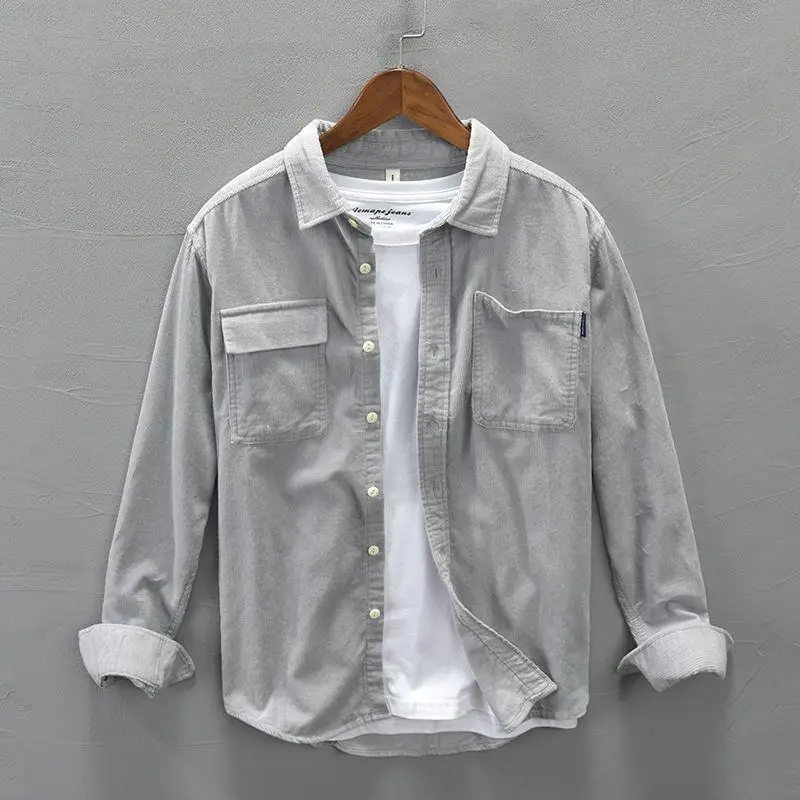 Men's Grey Long Sleeve Corduroy Shirt Autumn Wear - Image 22
