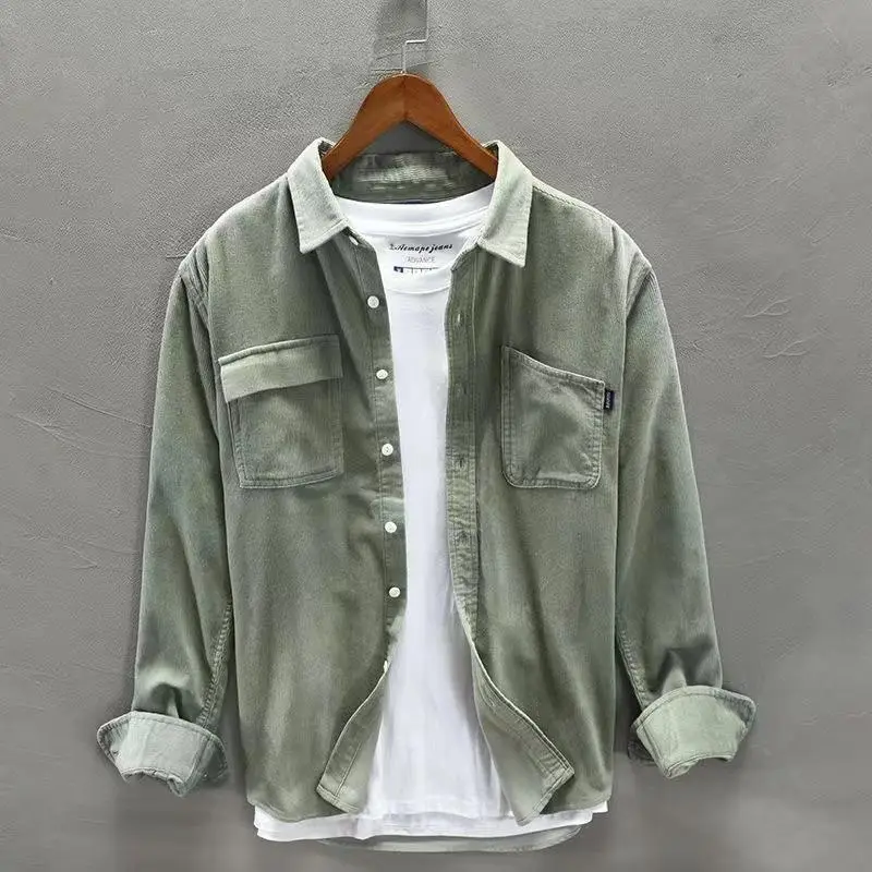 Men's Grey Long Sleeve Corduroy Shirt Autumn Wear - Image 24