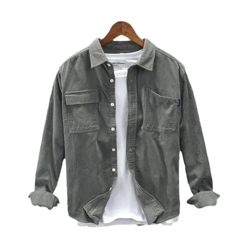 Men's Grey Long Sleeve Corduroy Shirt Autumn Wear - Image 25