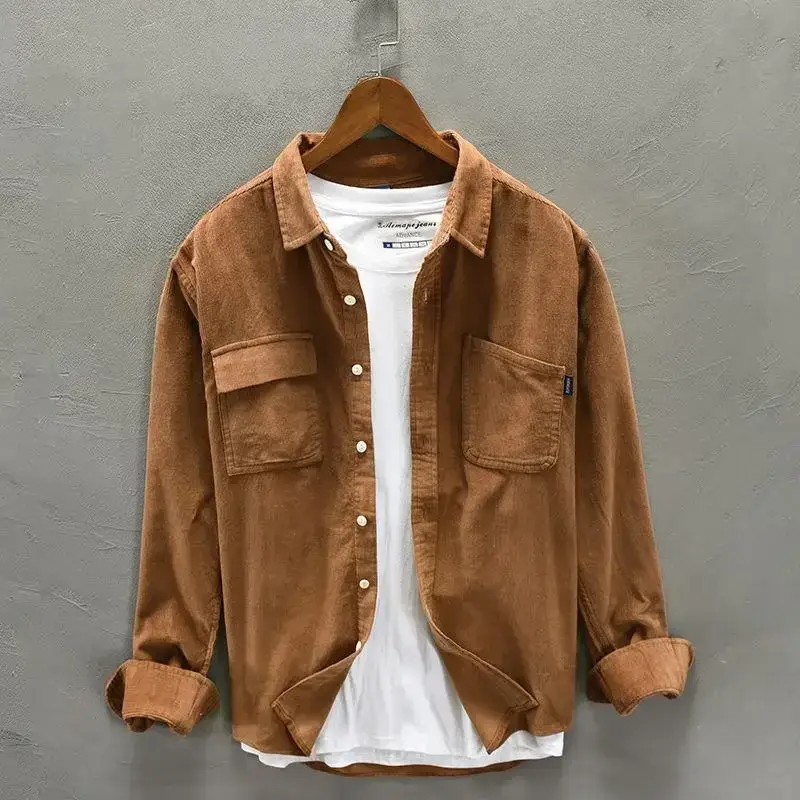 Men's Grey Long Sleeve Corduroy Shirt Autumn Wear - Image 11