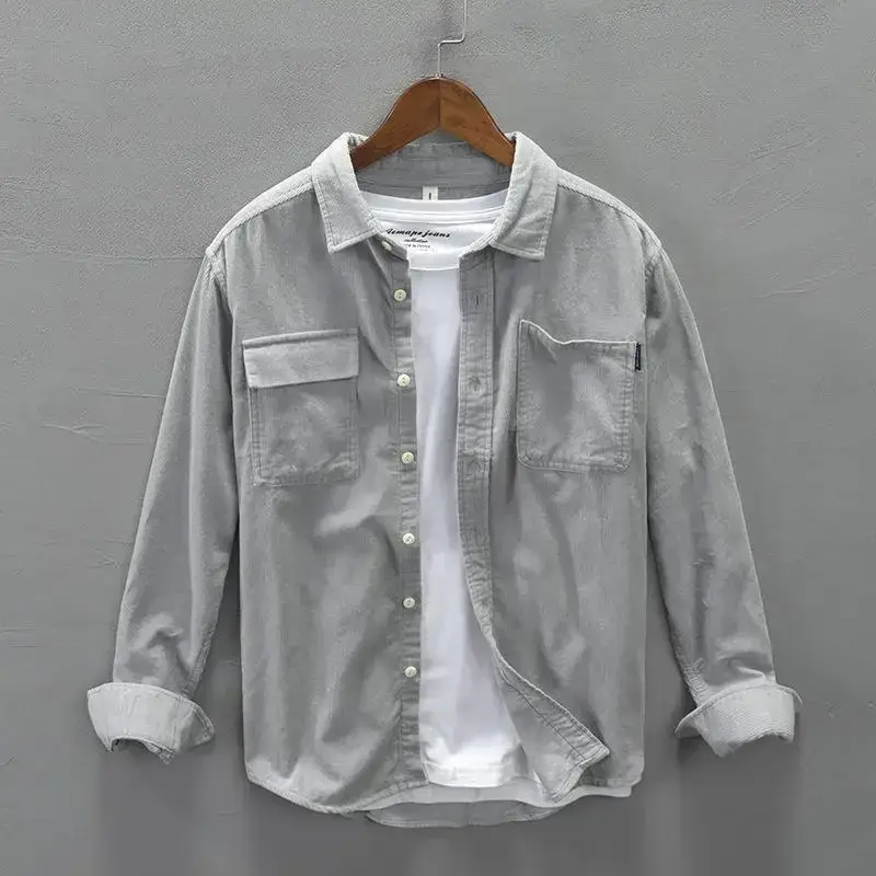 Men's Grey Long Sleeve Corduroy Shirt Autumn Wear - Image 2