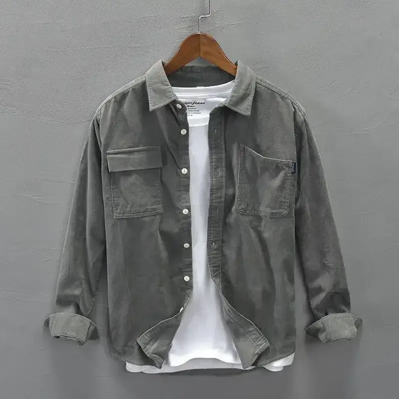 Men's Grey Long Sleeve Corduroy Shirt Autumn Wear - Image 9