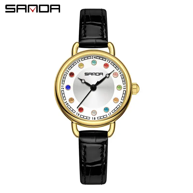 Sanda Women's Crystal Watch Brown Leather Band Quartz Waterproof - Image 3