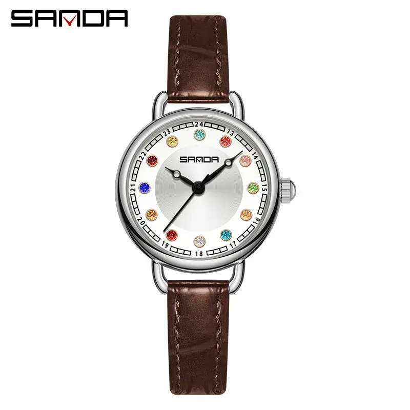 Sanda Women's Crystal Watch Brown Leather Band Quartz Waterproof - Image 6