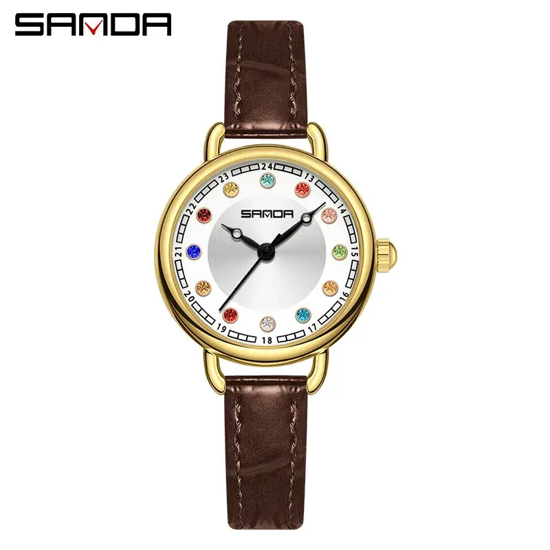 Sanda Women's Crystal Watch Brown Leather Band Quartz Waterproof - Image 7