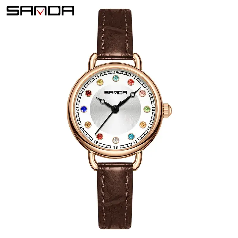 Sanda Women's Crystal Watch Brown Leather Band Quartz Waterproof - Image 8