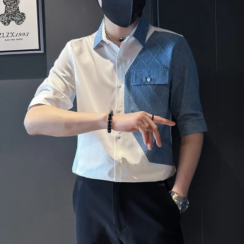 Men Half-Sleeved Polo Shirt White Blue Denim Stitching Summer Wear