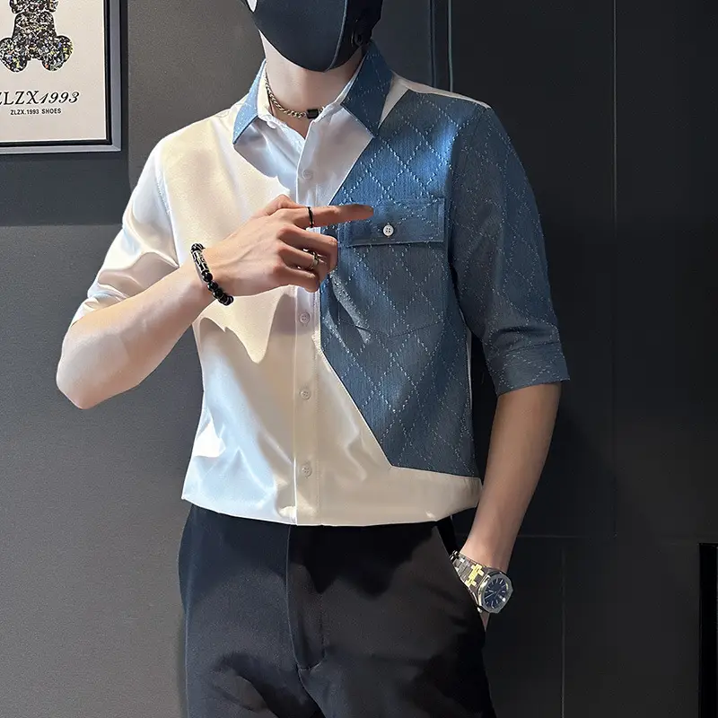 Men Half-Sleeved Polo Shirt White Blue Denim Stitching Summer Wear