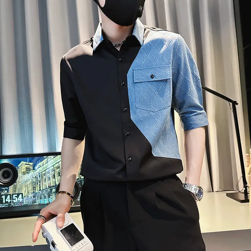 Men Half-Sleeved Polo Shirt White Blue Denim Stitching Summer Wear