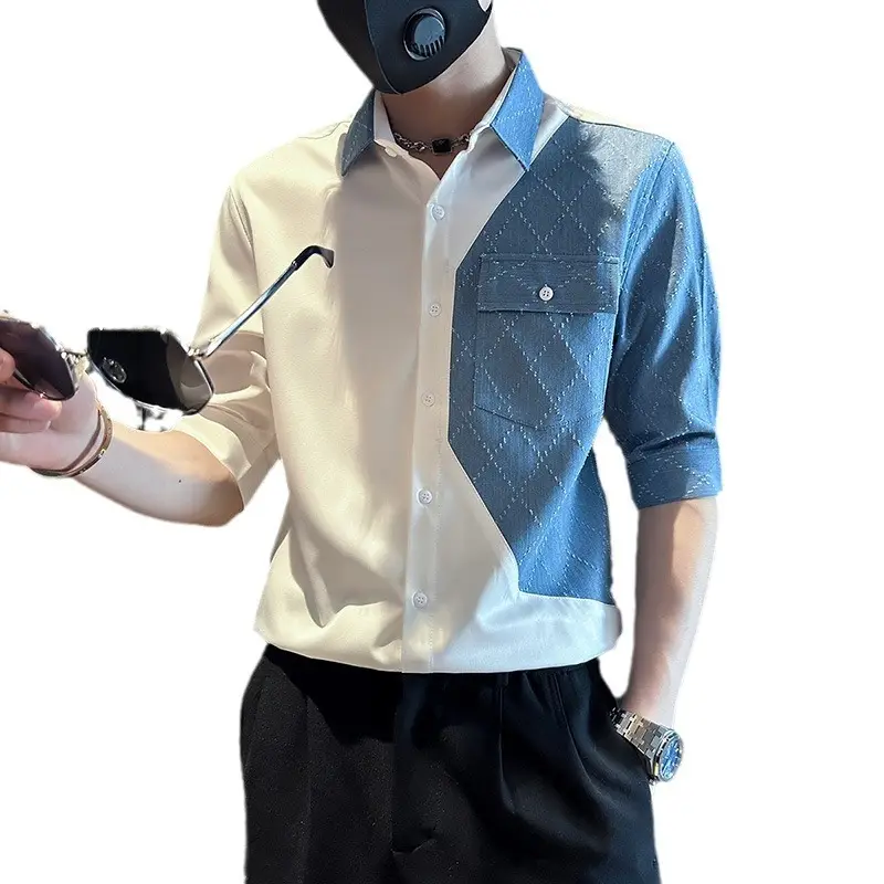 Men Half-Sleeved Polo Shirt White Blue Denim Stitching Summer Wear