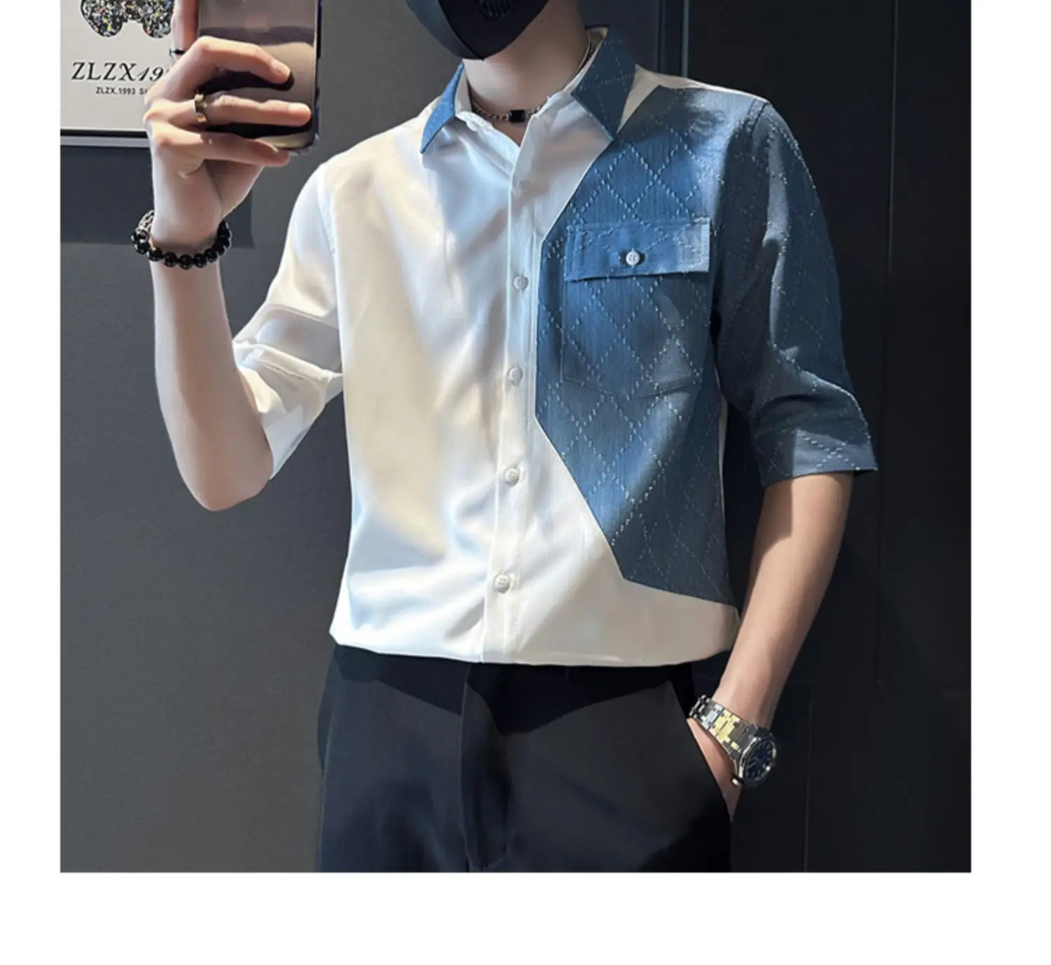 Men Half-Sleeved Polo Shirt White Blue Denim Stitching Summer Wear — feature 3
