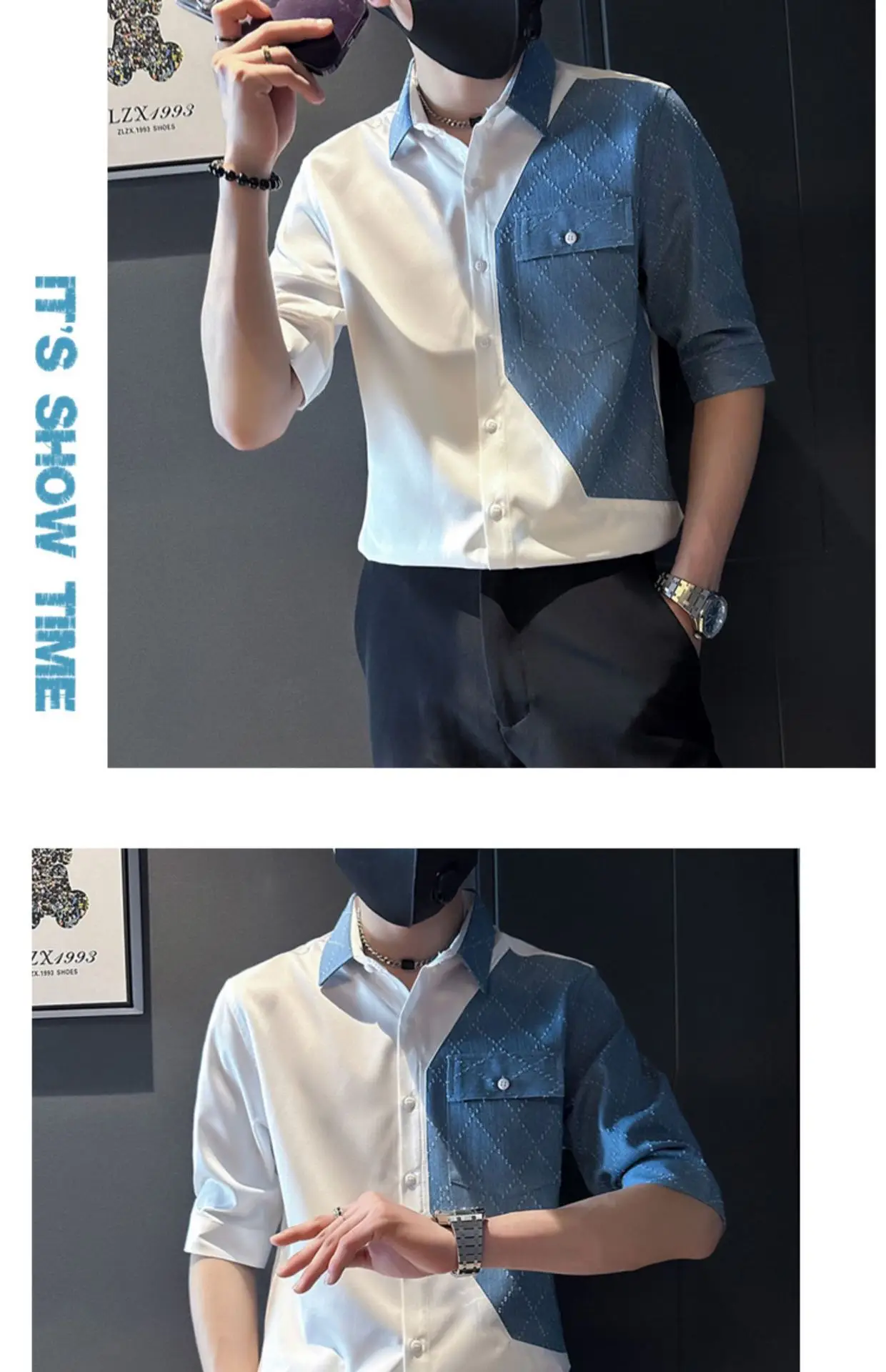 Men Half-Sleeved Polo Shirt White Blue Denim Stitching Summer Wear — feature 4