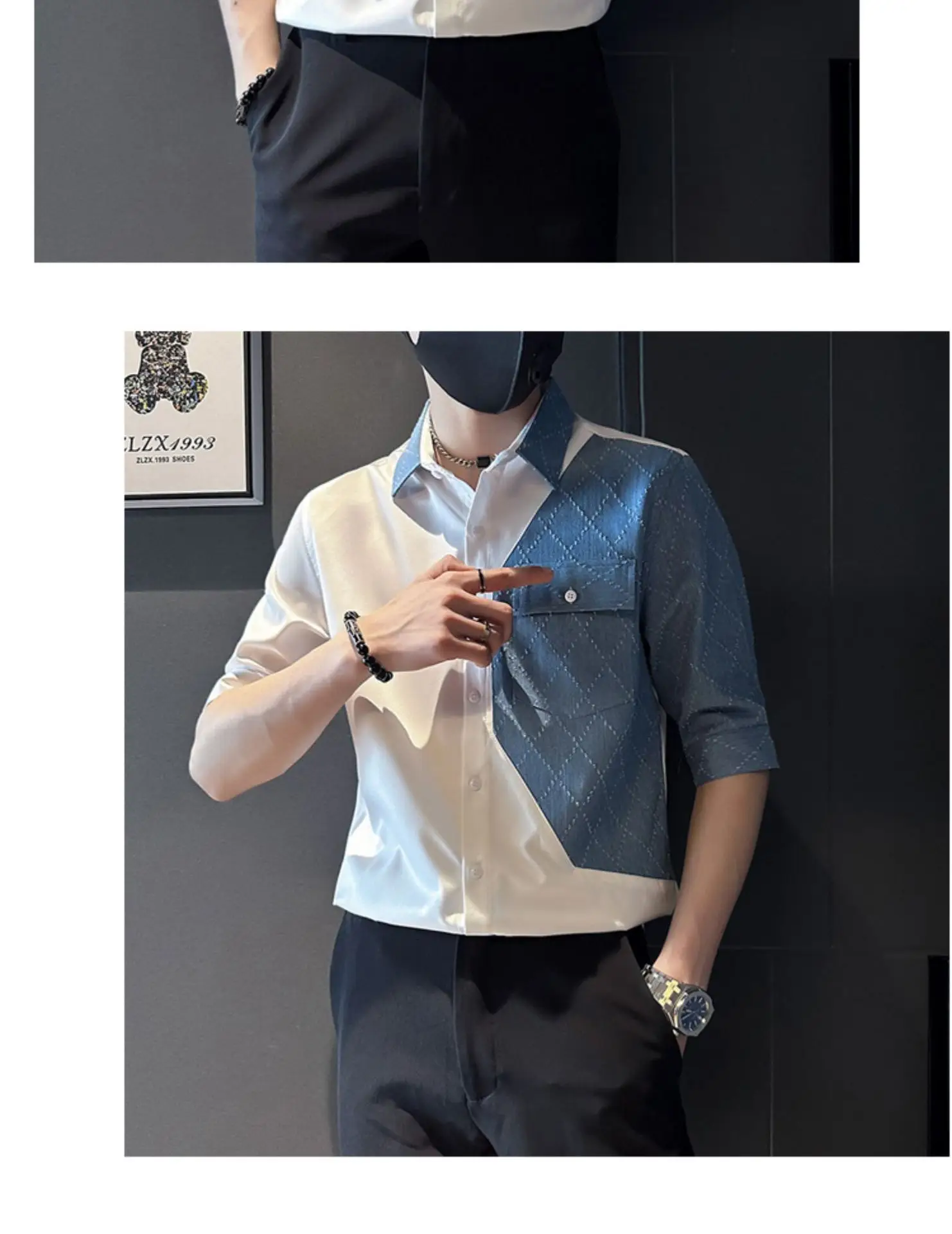 Men Half-Sleeved Polo Shirt White Blue Denim Stitching Summer Wear — feature 5