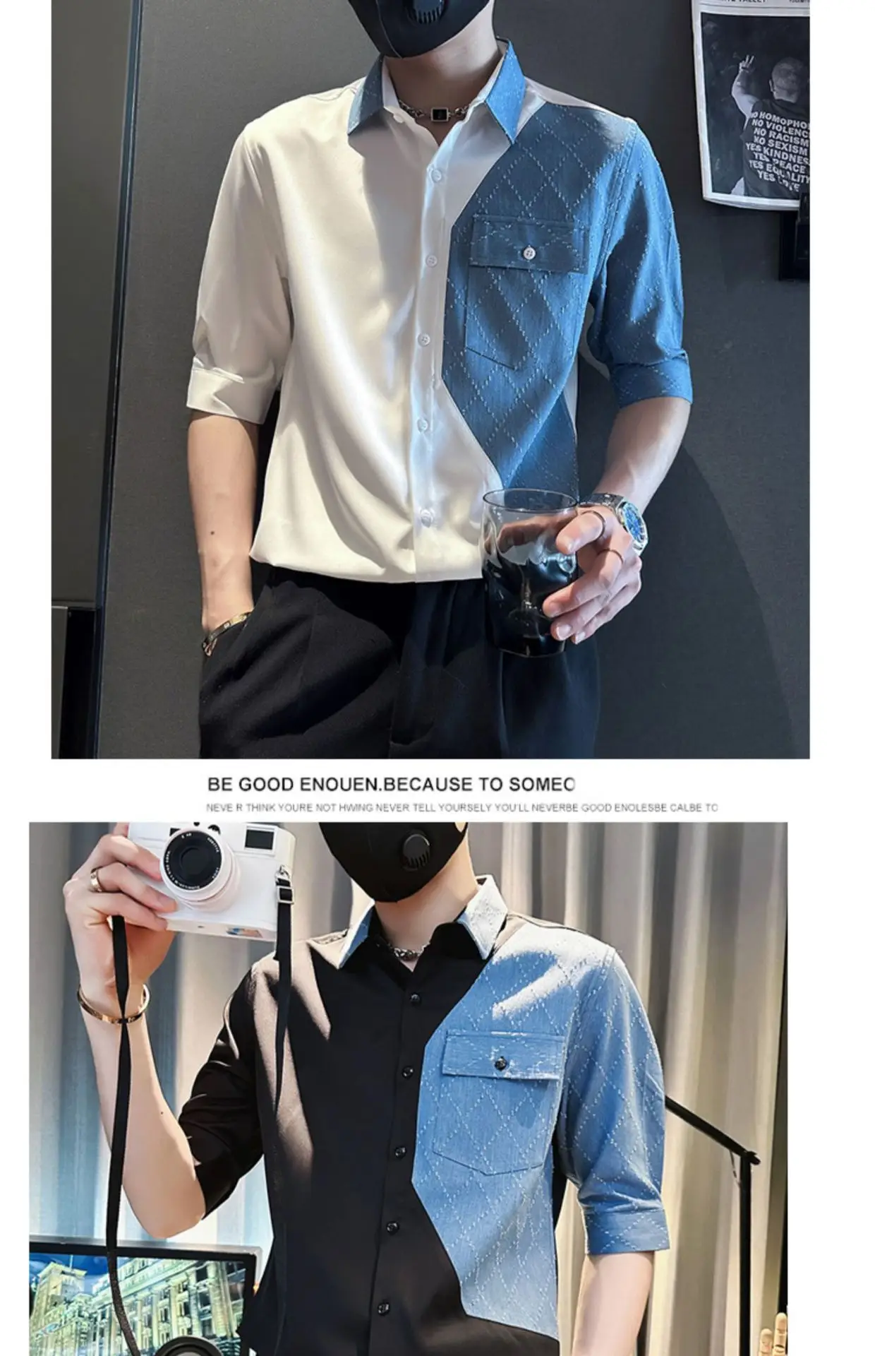 Men Half-Sleeved Polo Shirt White Blue Denim Stitching Summer Wear — feature 6