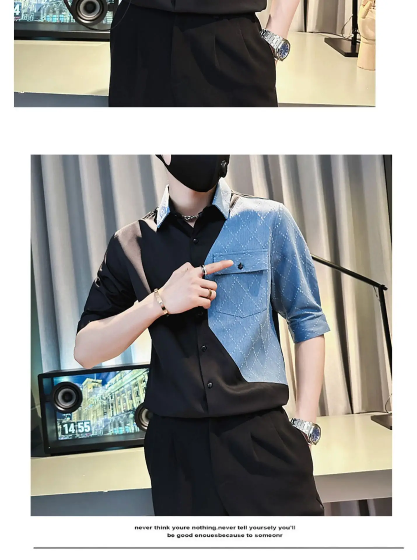 Men Half-Sleeved Polo Shirt White Blue Denim Stitching Summer Wear — feature 7