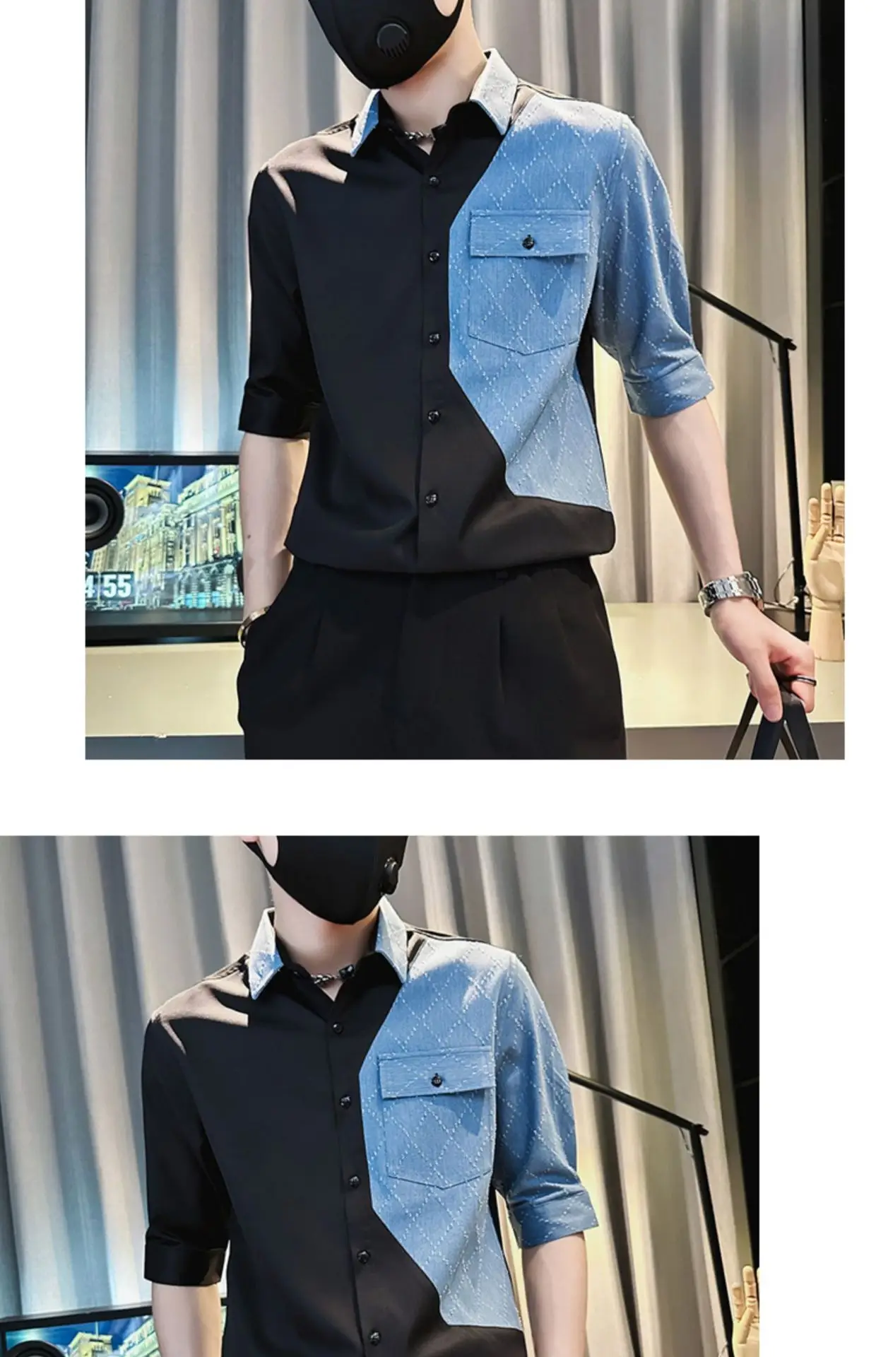 Men Half-Sleeved Polo Shirt White Blue Denim Stitching Summer Wear — feature 8