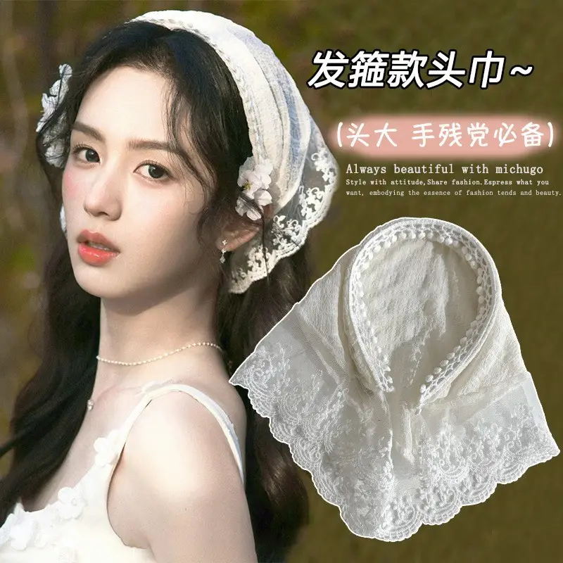 Lace Hair Hoop Women's Vintage Ins Style Seaside Photo French Style Baotou Triangle Scarf Headwear - Image 9
