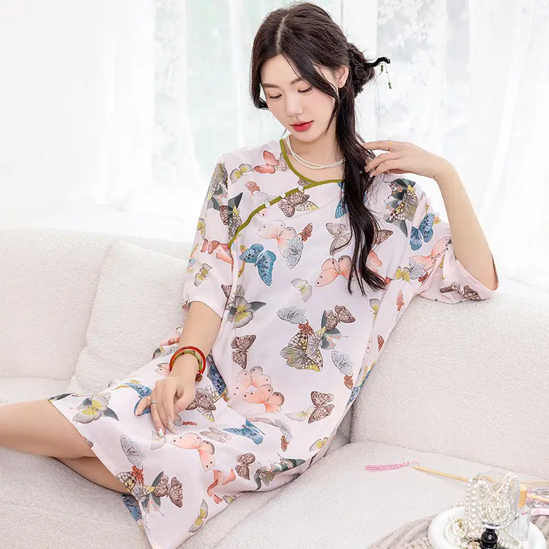 New Chinese Style Cotton Silk Nightgown Summer Thin Mid-Sleeve Dress - Image 10