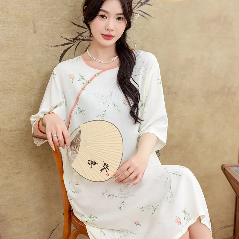 New Chinese Style Cotton Silk Nightgown Summer Thin Mid-Sleeve Dress - Image 2