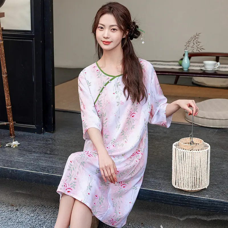 New Chinese Style Cotton Silk Nightgown Summer Thin Mid-Sleeve Dress - Image 3