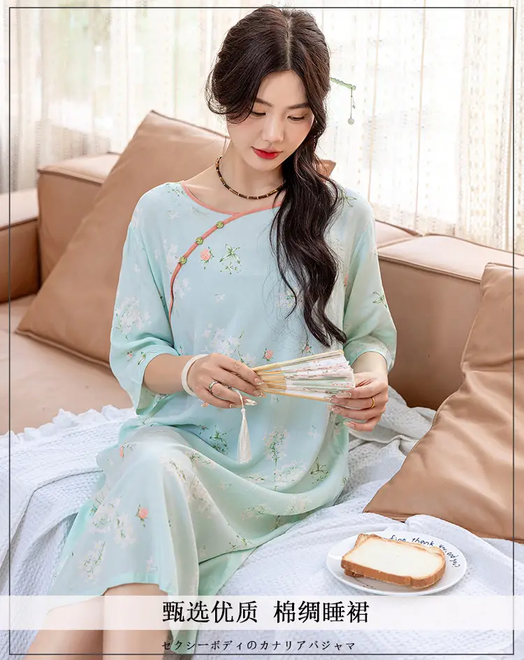 New Chinese Style Cotton Silk Nightgown Summer Thin Mid-Sleeve Dress — feature 1