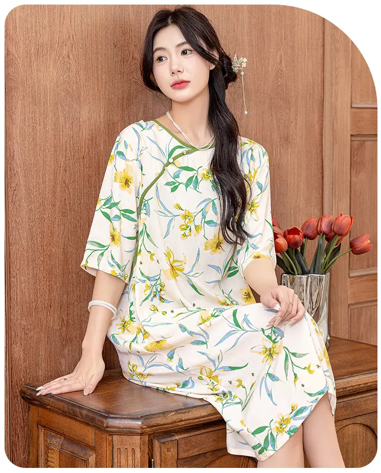 New Chinese Style Cotton Silk Nightgown Summer Thin Mid-Sleeve Dress — feature 10