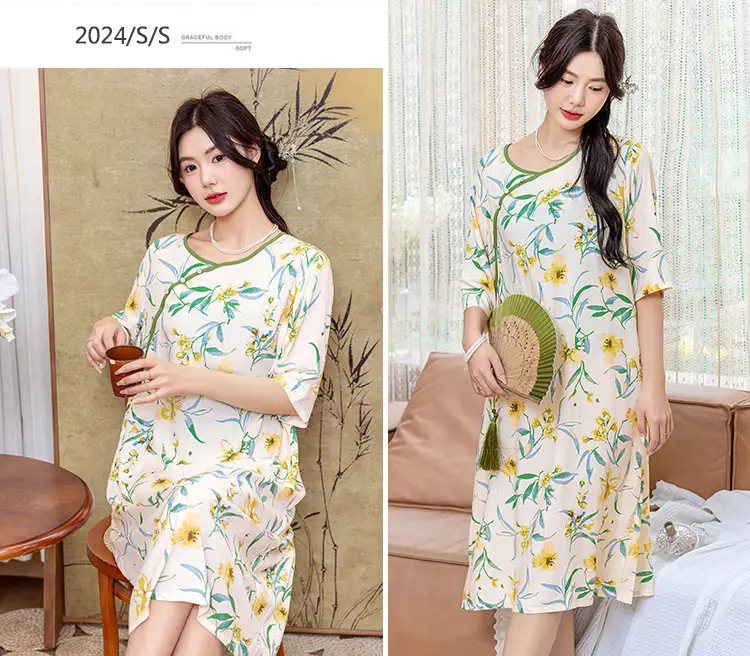New Chinese Style Cotton Silk Nightgown Summer Thin Mid-Sleeve Dress — feature 11