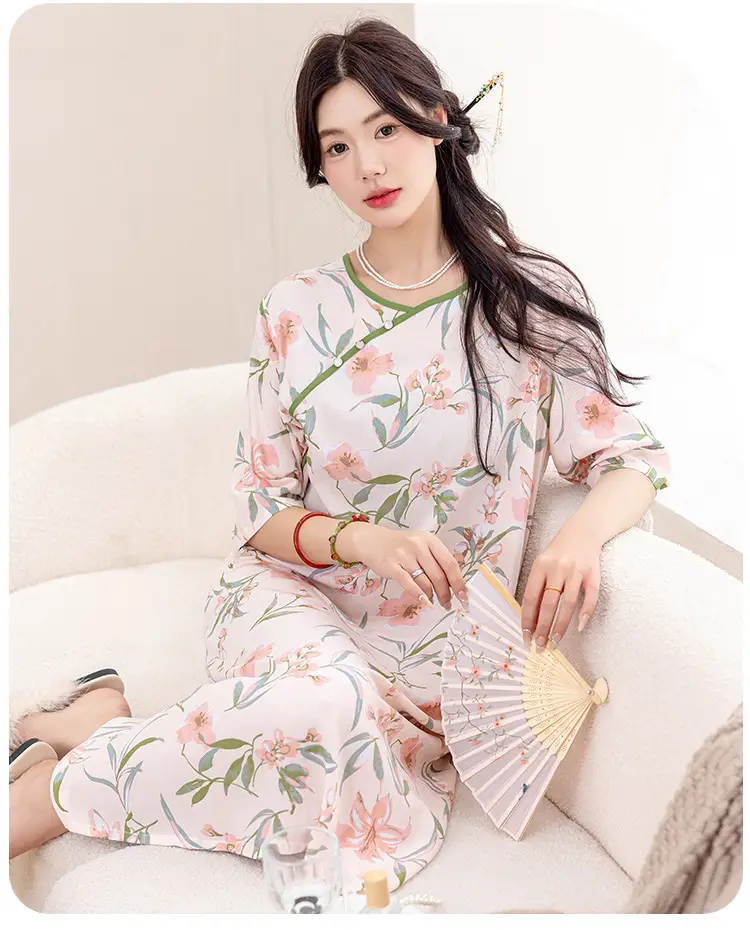 New Chinese Style Cotton Silk Nightgown Summer Thin Mid-Sleeve Dress — feature 12