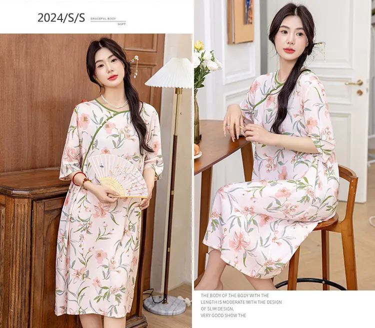 New Chinese Style Cotton Silk Nightgown Summer Thin Mid-Sleeve Dress — feature 13