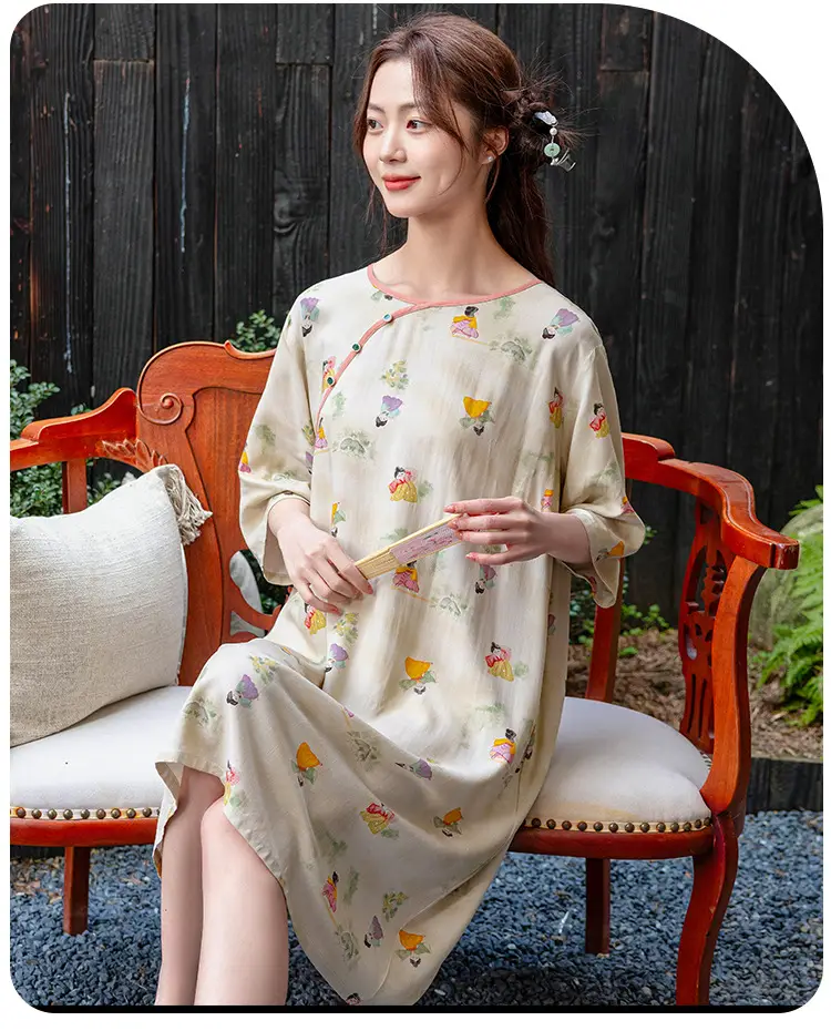 New Chinese Style Cotton Silk Nightgown Summer Thin Mid-Sleeve Dress — feature 14